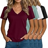 Riyiper 4 Pack Women's V Neck T Shirts Short Sleeve Casual Tunic Tops Loose Fit Summer Curved Hem Basic Tee