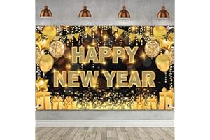 MIUCAT Happy New Year Decorations 2026, 71 * 44IN Happy New Year Banner 2026 Happy New Years Backdrop Party Supplies for Black and Gold New Years Eve Party Decorations 2026