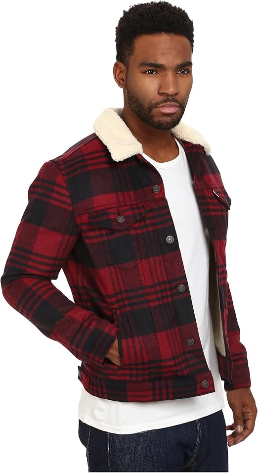 levi's men's sherpa trucker jacket red tibetan plaid