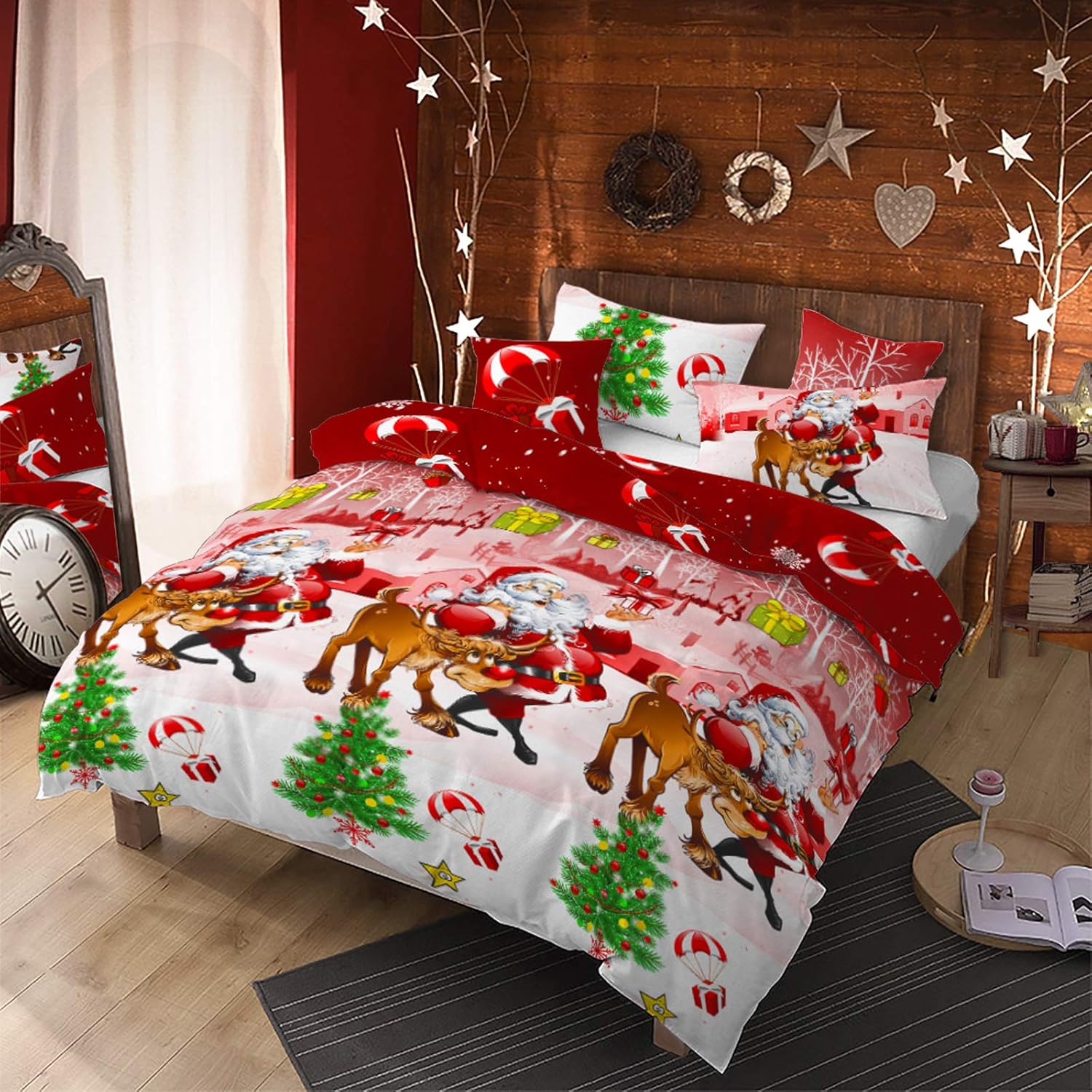 4Pcs Merry Christmas Santa Claus Deer Duvet Cover Set Queen