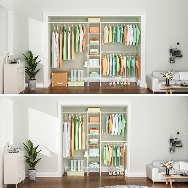 ULIF M1 CLOSET STORAGE ORGANIZER SYSTEM, 6 TIERS HEAVY DUTY METAL GARMENT RACK WITH 3 EXPANDABLE HANGER RODS, WALL MOUNTED SPACE SAVER SUITS FROM 5.4-8.7 FT. WIDTH, 71.2”H X 14”D, 700LBS, WHITE