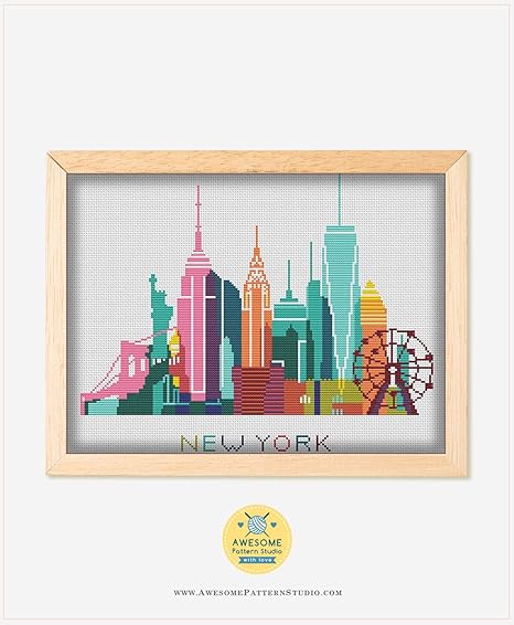 Amazon Com A3 New York Color K351 Counted Cross Stitch Kit 2 Threads Needles Fabrick And 4 Printed Color Schemes Inside Embroidery Pattern Kit Arts Crafts Sewing