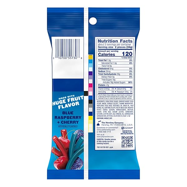 JOLLY RANCHER ROPES BLUE RASPBERRY AND CHERRY FLAVORED CANDY BAG, 6 OZ