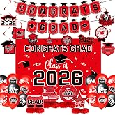 2026 Graduation Party Decorations Set for High School College Red | Class of 2026 Backdrop Congrats Grad Banner Balloons Decoraciones Graduacion Fiesta Party Supplies Outdoor Centerpieces