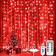 SUNNEST LED Curtain Lights Christmas, 300 LEDs 9.8FT x 9.8FT USB Curtain String Lights with 8 Lighting Modes Wall Lights with Remote Control, Twinkle Lights for Bedroom Decoration (Red)