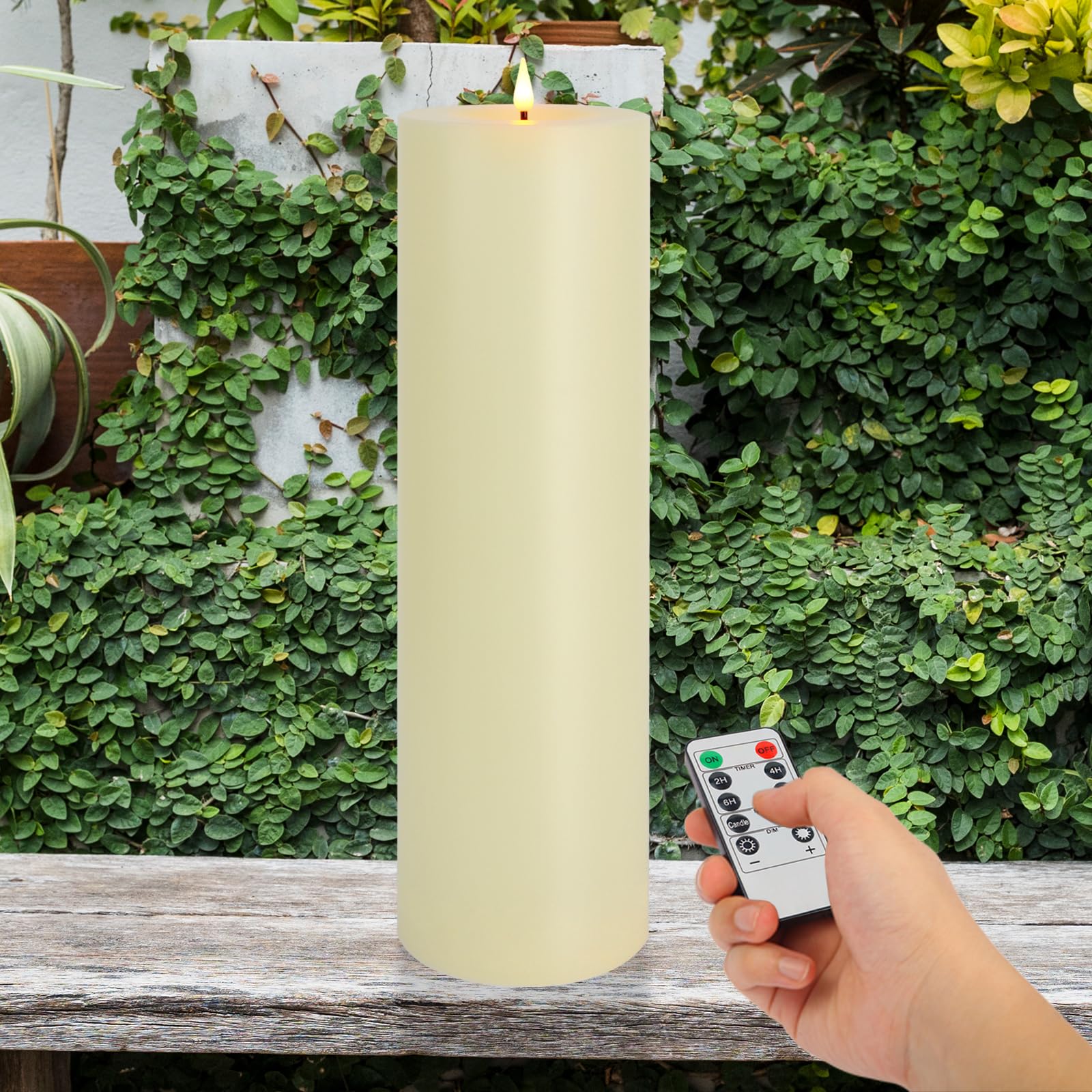 Photo 1 of Warmhere 14" x 4" Large Outdoor Candles with Timer Waterproof, Remote Control Flickering Flameless Candles Battery Operated, Tall Fake LED Pillar Candle for Patio Porch Lantern, Ivory, 1 Pack