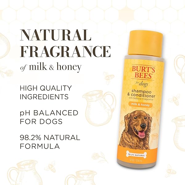BURT’S BEES FOR PETS SHAMPOO AND CONDITIONER WITH MILK AND HONEY, 98.2% NATURAL ORIGIN FORMULAS, DOG SHAMPOO PLUS CONDITIONER, GENTLE DOG CONDITIONER, BEST DOG CONDITIONER FOR ITCHY DOGS, 12 OZ