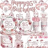 Yingoto 200pcs 95th Birthday Decorations, Fabulous 95th Birthday Plates and Napkins Set with Pre-threaded Banner Tablecloths and Cupcake Toppers Floral 95th Birthday Decorations Serve 25