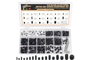 GLADRVWAY 791PCS Set Screws, 17Sizes Metric Set Screw Assortment Kit, M2/2.5/3/4/5/6/8 Stainless Steel Grub Set Screws, Internal Hex Drive Cup-Point Screws for Bathroom Fixtures, Door Handles, Alloy Steel Black