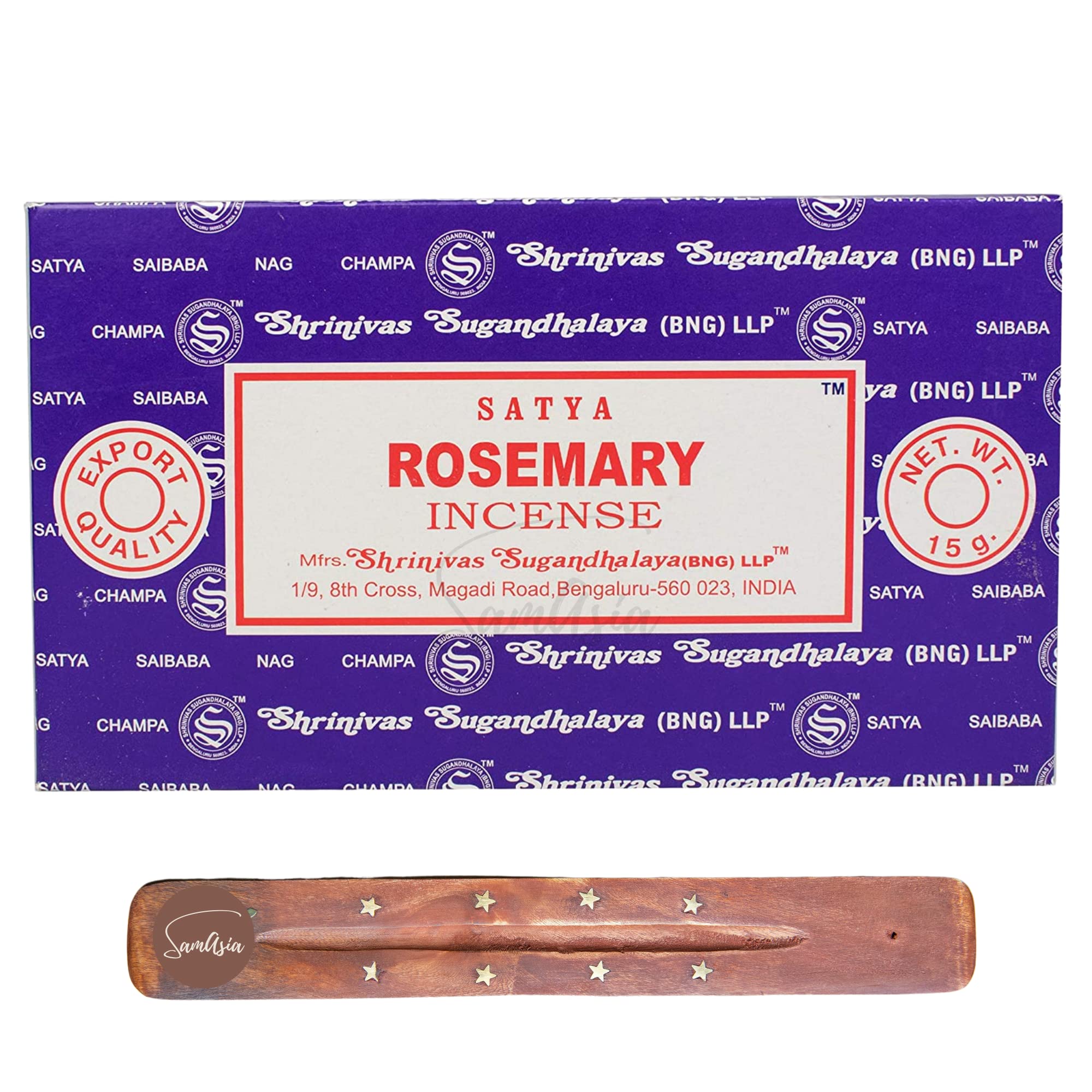 Satya Nag Champa Rosemary Incense Sticks | x12 pack | with SAMASIA incense sticks holder | Used for Roomatherapy, Spa, Yoga, Weddings, Meditation, Healing, Positivity and Relaxation โ image 1
