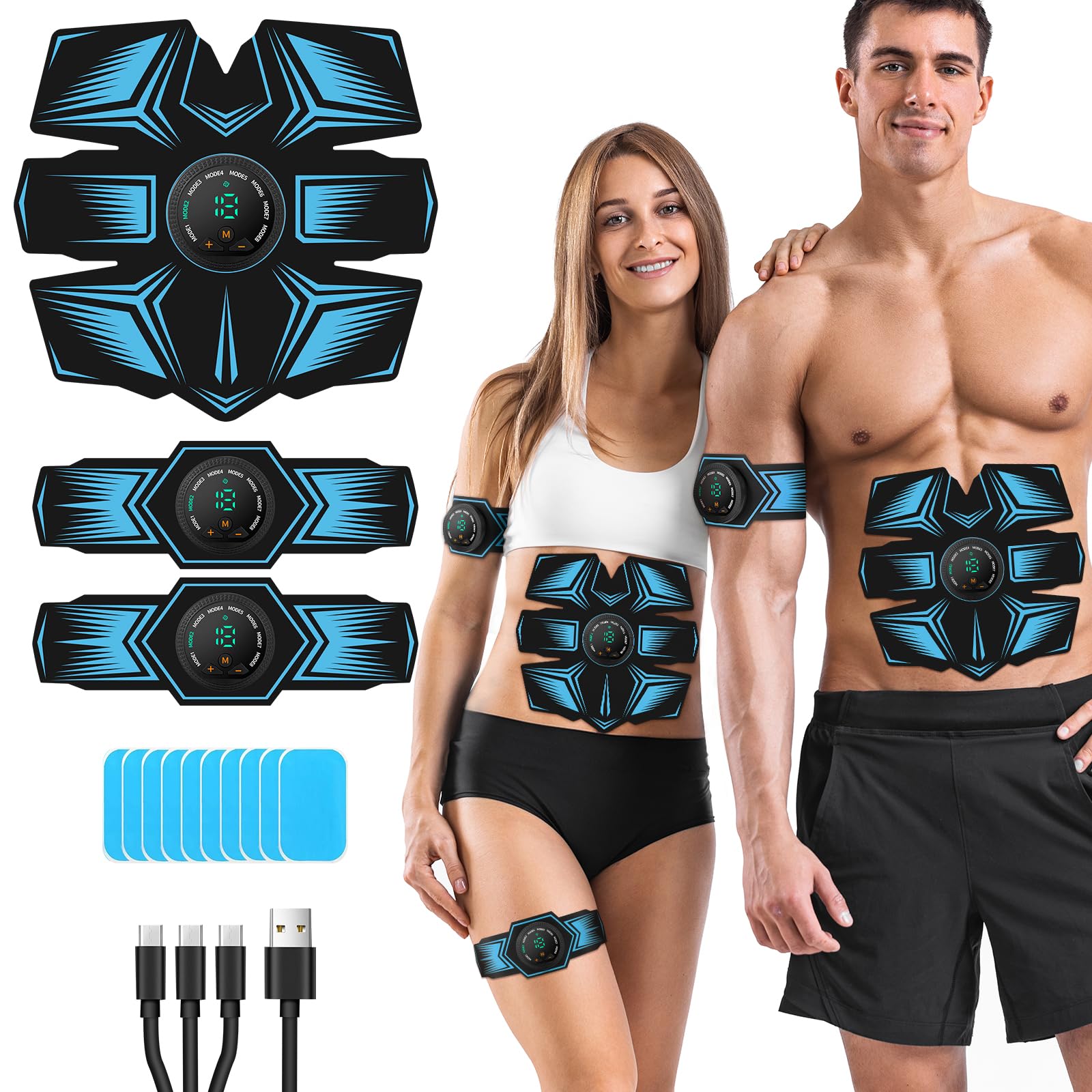 GROSBEAK EMS Muscle Stimulator ABS Trainer, Electric Abdominal Muscle Toner for Men and Women, 8 Modes AB Stimulator for Arms, Waist - Rechargeable, Skin-friendly （blue）