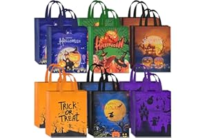 AhfuLife 12 Pcs Halloween Trick or Treat Bags, Large Halloween Candy Tote Bags with Handles, Reusable Halloween Non-Woven Gift Bags for Halloween Party Supplies Favors (15×11.8×3.9’’)