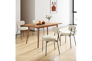 Murago Dining Chairs Set of 4 pcs, Boucle Comfortable Upholstered Seat Fabric with Curved Backrest, Mid Century Modern Contemporary Scandinavian Designer Chairs Ideal for Dining Room, Kitchen, White