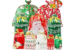 ZMCINER 40 PCS Christmas Drawstring Gift Bags Assorted Sizes Drawstring Christmas Bags for Gifts with Tags for Xmas Holiday Presents Party Favor