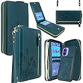 Lacass for iPhone 16 6.1 Inch 2024 Wallet Case, Crossbody Dual Zipper Detachable Magnetic Leather Wallet Case Cover Wristlets Wrist Strap 13 Card Slots Money Pocket(Floral Cyan Green)