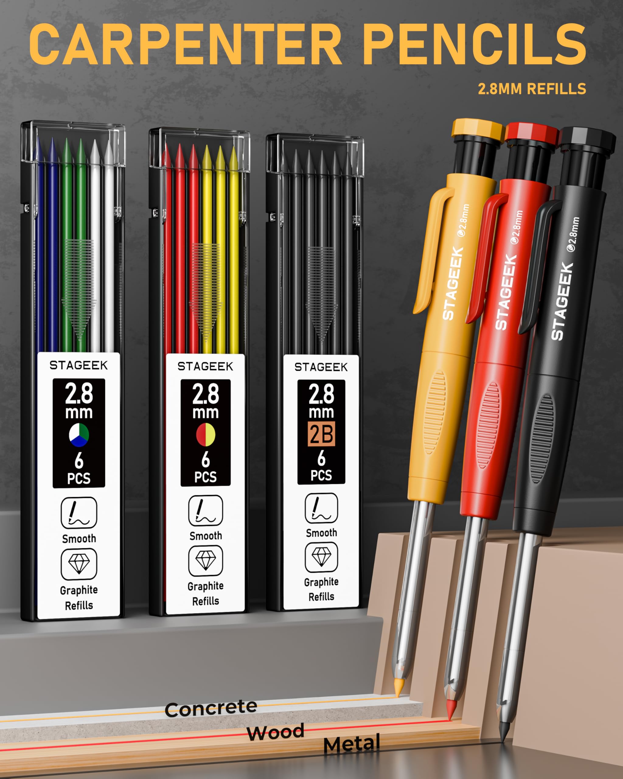 STAGEEK 22er-Set Mechanischer Zimmermannsbleistifte, Automatischem Körner, Hartmetall-Anreißwerkzeug, Radiergummi und Markierstift für tiefe Löcher, Robuster Konstruktionsbleistift für Architekten 2