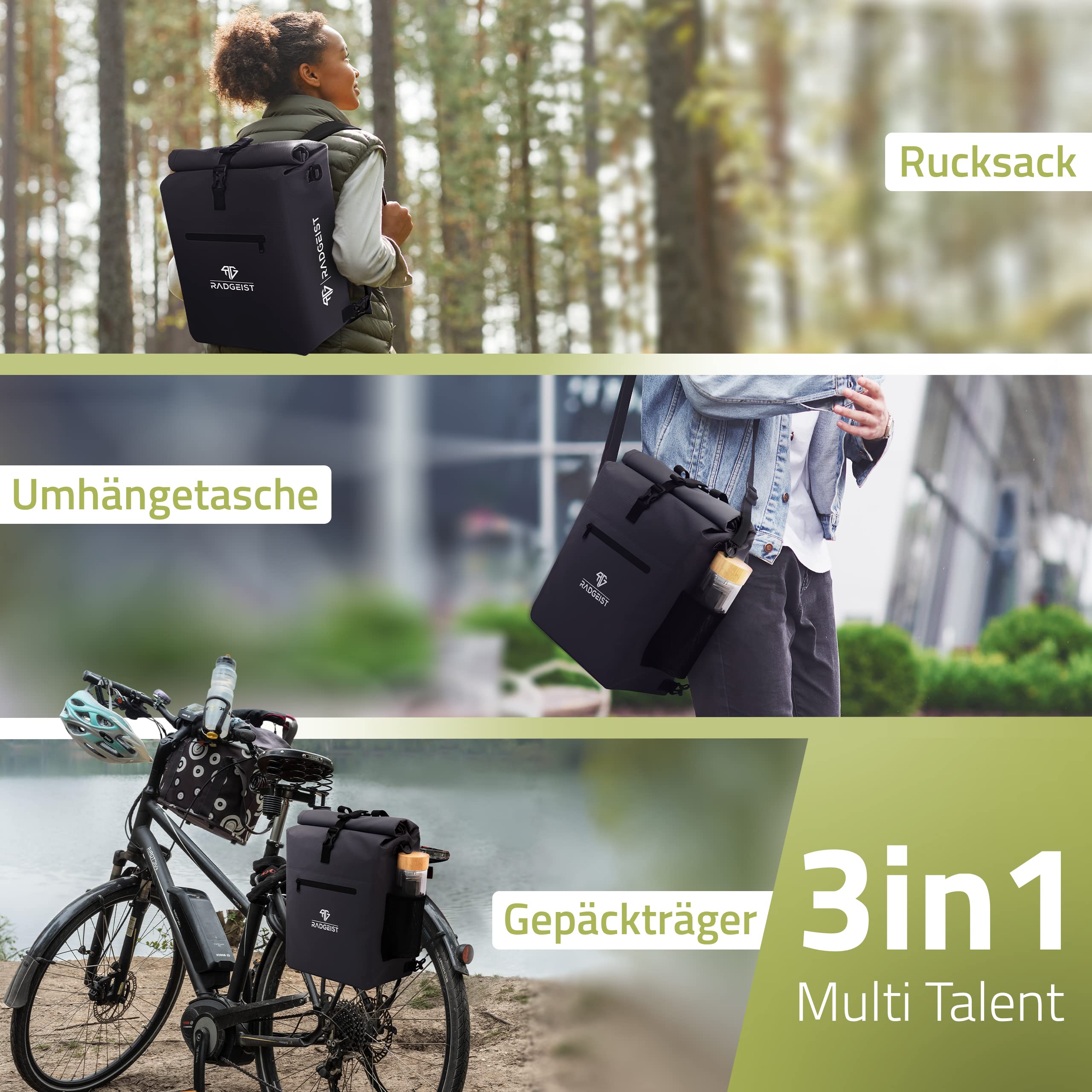 RADGEIST 3in1 Fahrradtasche für Gepäckträger - Fahrrad Rucksack - Gepäckträgertasche mit Reflektoren - Umhängetasche - mit Laptopfach - 100% wasserdichte Tasche- 25L - schwarz 2