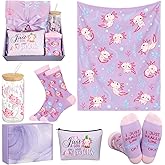 Hahafelt 4 Pcs Axolotl Gift Set for Women Girls Mexican Salamander Stuff with Flannel Blanket, Novelty Socks, 16 oz Glass Jar Tumbler and Cosmetic Bags for Axolotl Lover Birthday Gift(Purple)