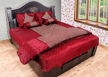 Rajasthan Crafts Silk Bedsheet Bedding Sets with 2 Pillow Cover & 2 Filled Cushion + 2 Bolsters + 1 AC Comforter (Red_King)