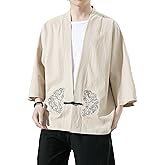 PRIJOUHE Men's Kimono Jackets Cardigan Casual Cotton Blends Linen Seven Sleeve Open Front Embroidery Coat