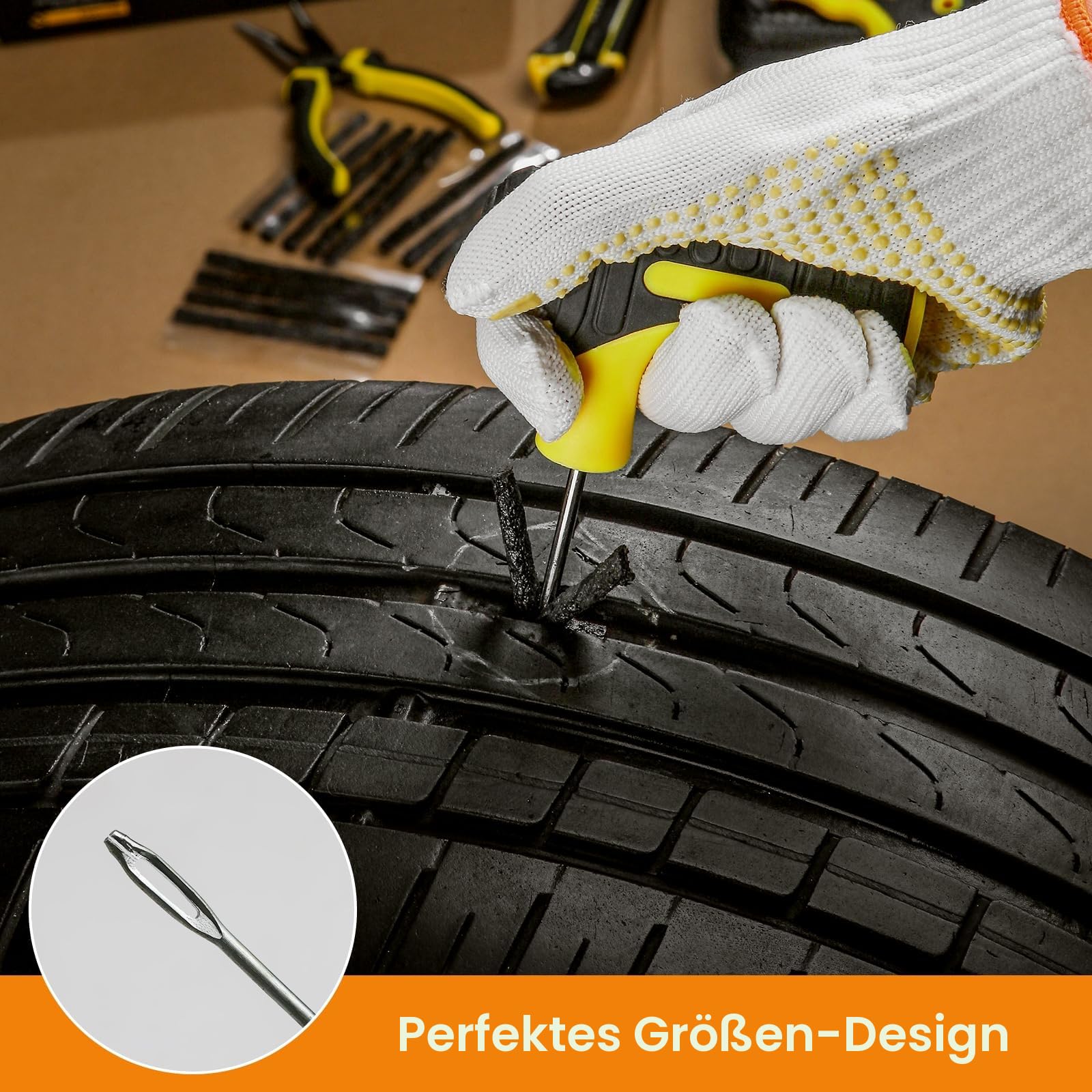 Reparaturset für platte Reifen, Pannenstopfen und Flickset mit Dichtmittel 4