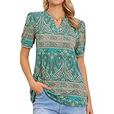 Allegra K Floral Printed Tunic Tops for Women Summer Short Sleeve Blouse Casual V Neck Shirts