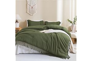 Andency Olive Green Comforter Set King, 3 Pieces Boho Tassel Lightweight Soft Bedding Comforter Sets for King Bed, All Season Fluffy Fringe Bed Set (104x90In Comforter & 2 Pillowcases)
