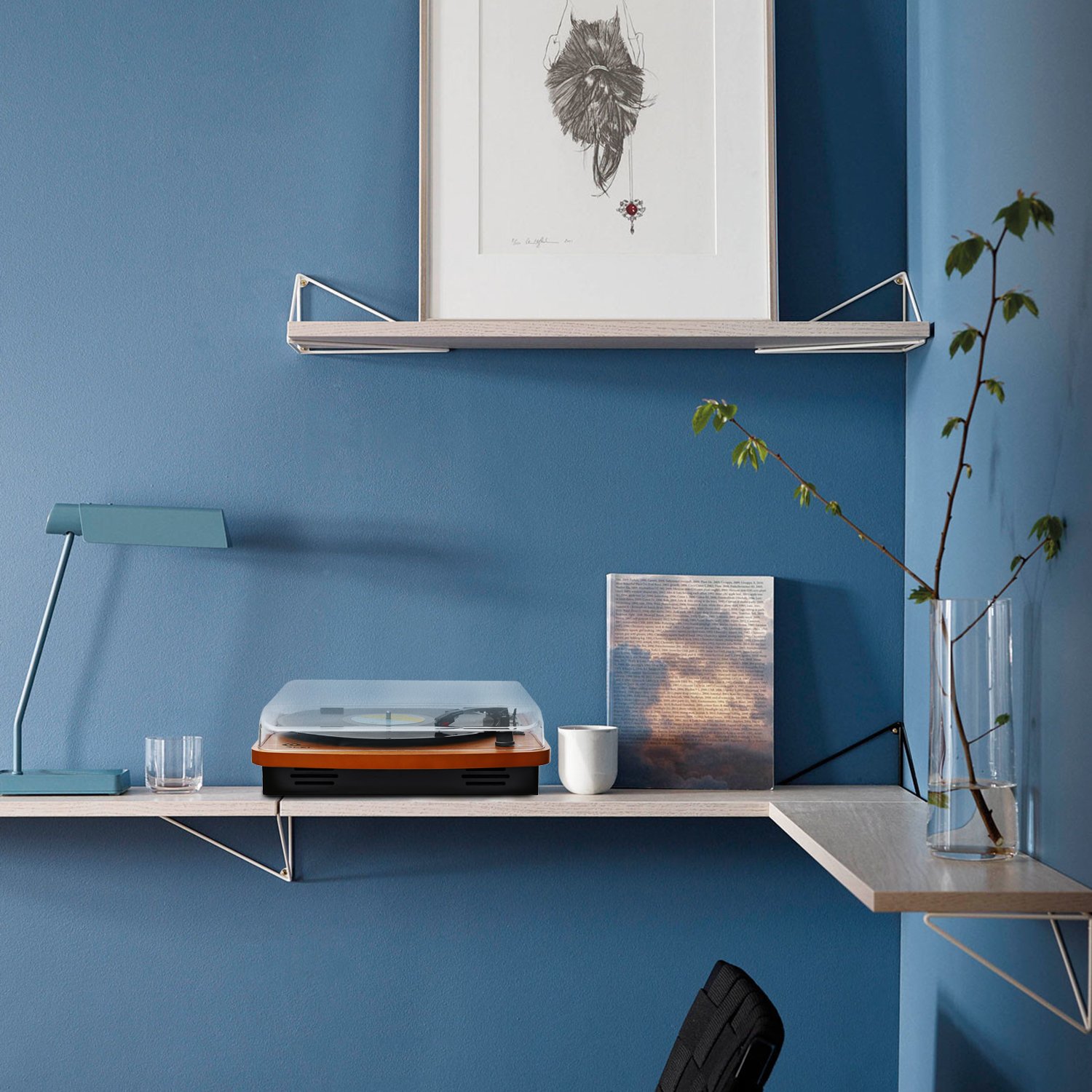 JORLAI 3-Speed Wooden Retro Turntable Belt Driven LP Vinyl Record Player with Built-in Stereo Speakers, Support Vinyl-To-MP3 Recording, Aux Input & RCA Output