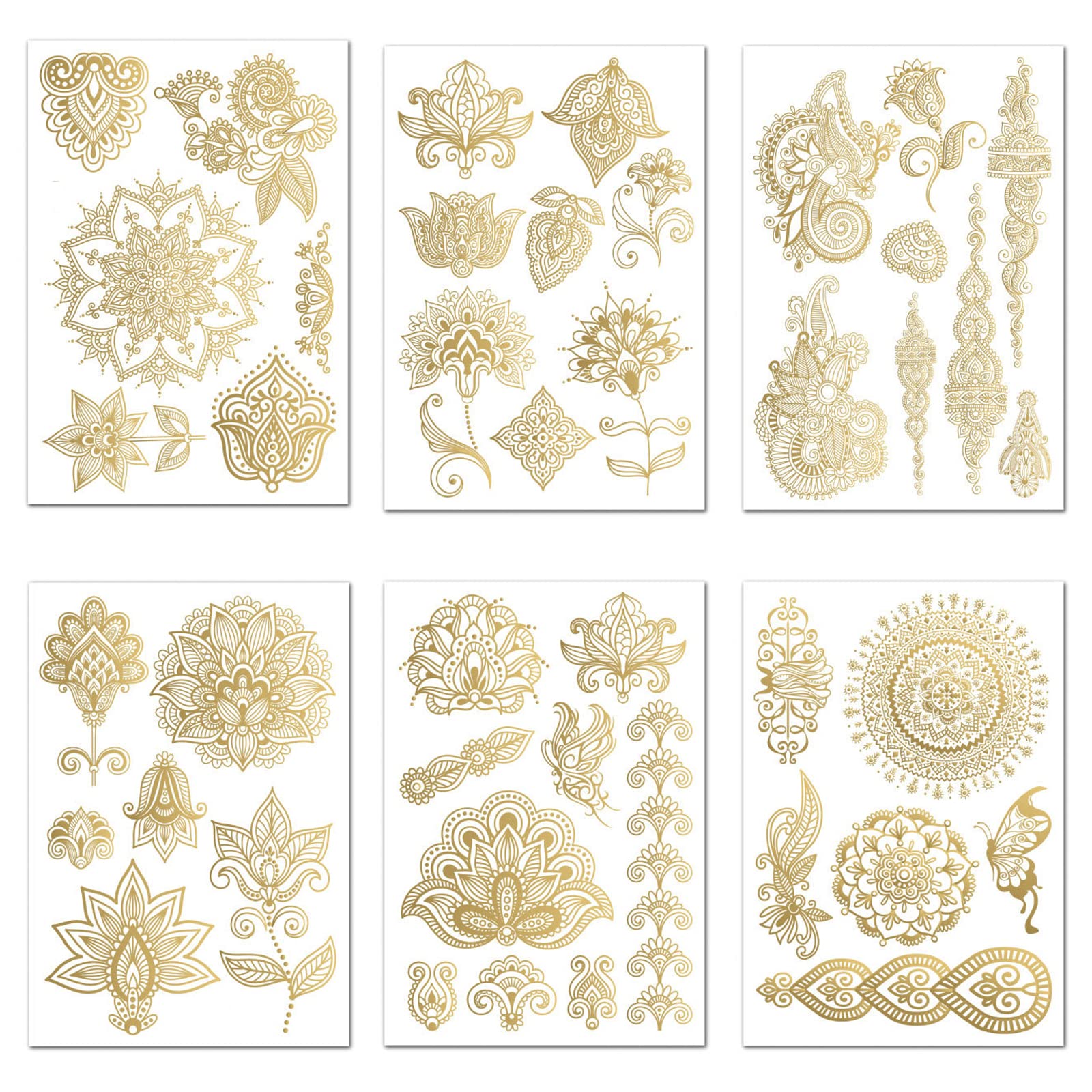 Nirbffo Datura Flower Tattoo Party Body Arm Art Fake Flash Tatoos Gold Metallic Tattoo Sticker Waterproof Temporary Tattoo Sticker Flowers Mandala Rose 6 Sheets