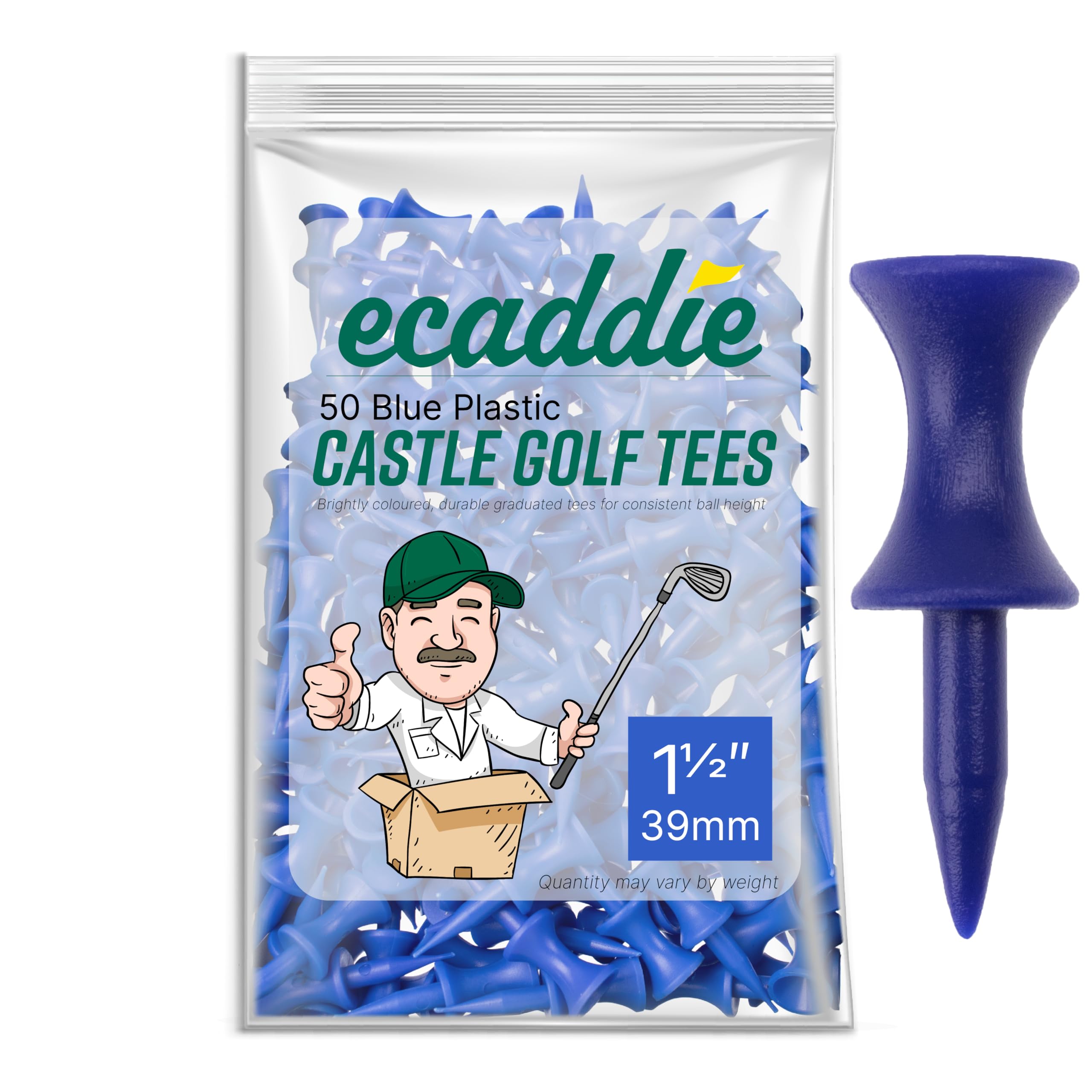 ECADDIE Blue Golf Tees 38mm (50 Pack) - Small Golf Tees for Hybrids or Woods, Golf Tees Plastic Material With Castle Tees Golf Design for Consistent Tee Height using our Small Blue Golf Tees