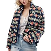 Wyeysyt Women's Cropped Quilted Jacket Floral Print Puffer Jackets Open Front Lightweight Jacket