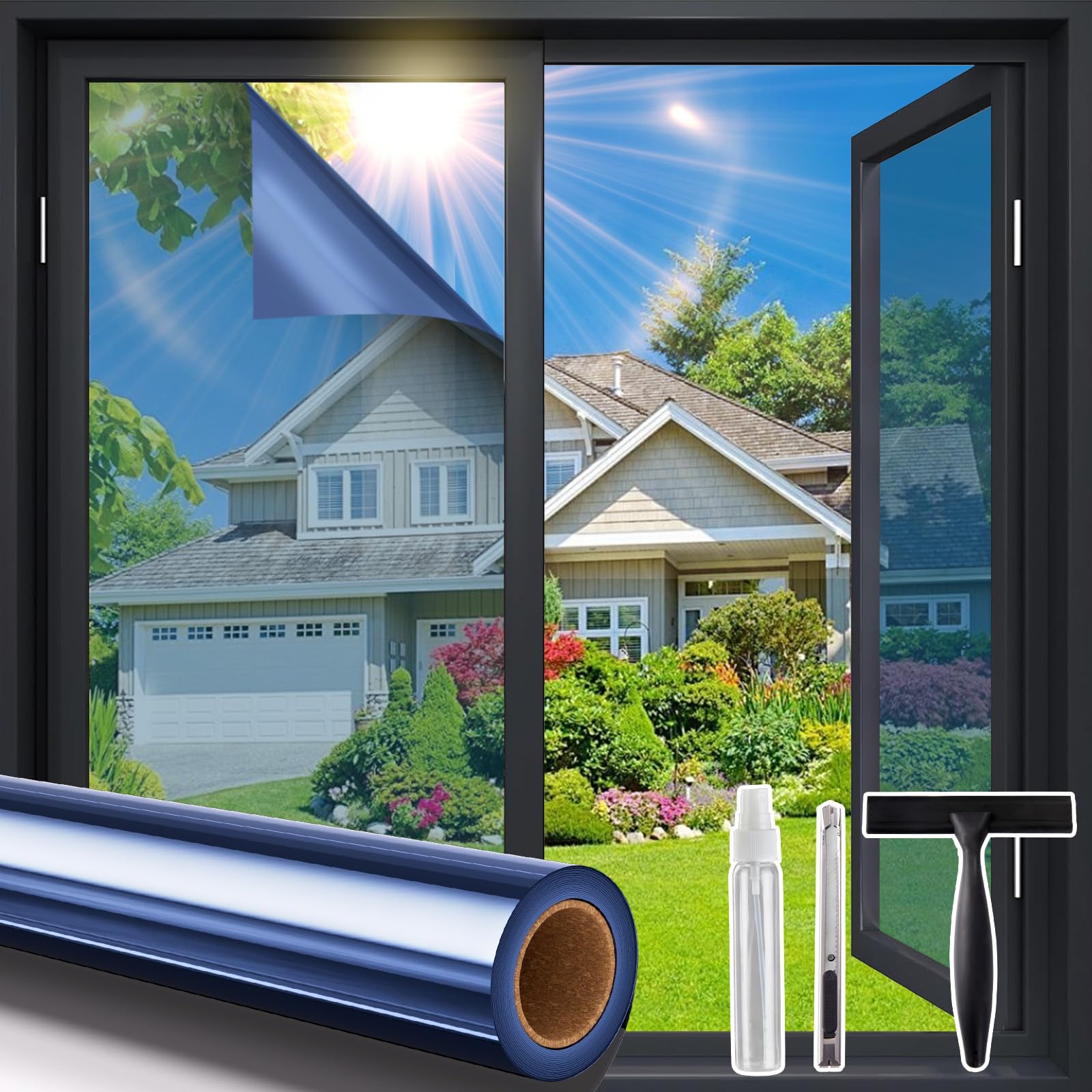 Photo 1 of Coavas Window Privacy Film One Way, Window Tint for Home, Daytime Reflective Mirror Glass Windows Coverings Heat UV Blocking See Out Not in, Blue, 17.5 x 78.7 Inch