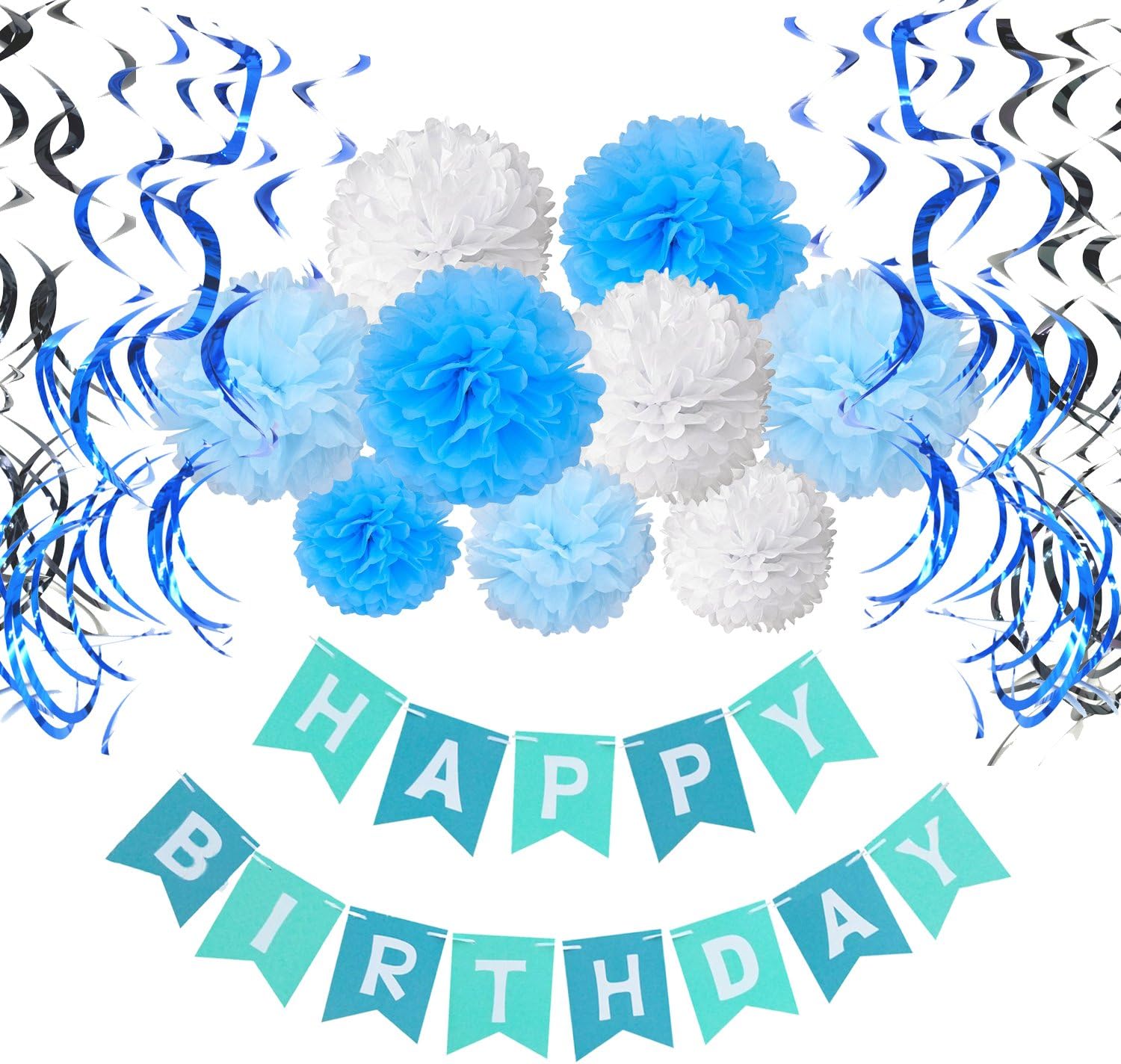 Recosis Birthday Decorations, Happy Birthday Banner Bunting with Tissue Paper Pom Poms and Hanging Swirl Decor for Birthday Party Decorations - Blue, Sky Blue and White
