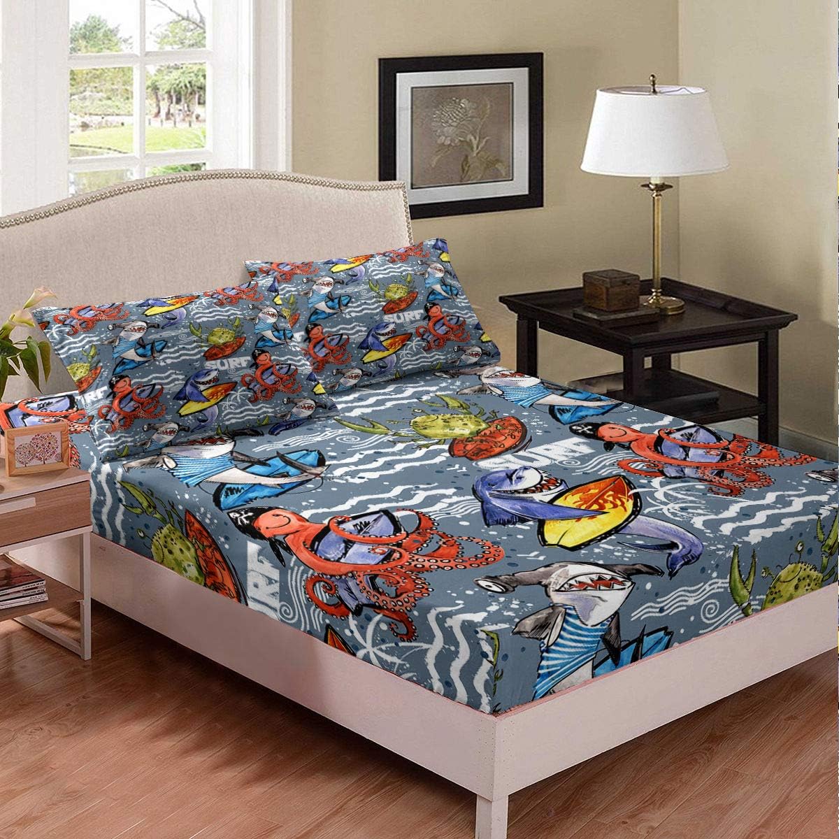 Shark Sheet Set Kids Cute Cartoon Fitted Sheet Marine Life Octopus Whale Crab Pattern Wave Decor Bedding Set Ocean Nautical Theme Fitted Sheet Deep Pockets,1 Fitted Sheet with 2 Pillow Cases, Queen