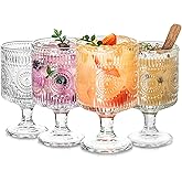 Romantic Vintage Goblet Glasses of 4, Charming Vintage Embossed Floral Decorative Glass Cups Set, Mixed Drink Glasses, for Bars, Restaurants, Party, and Elegant Dinners, 7 oz Wine Glasses