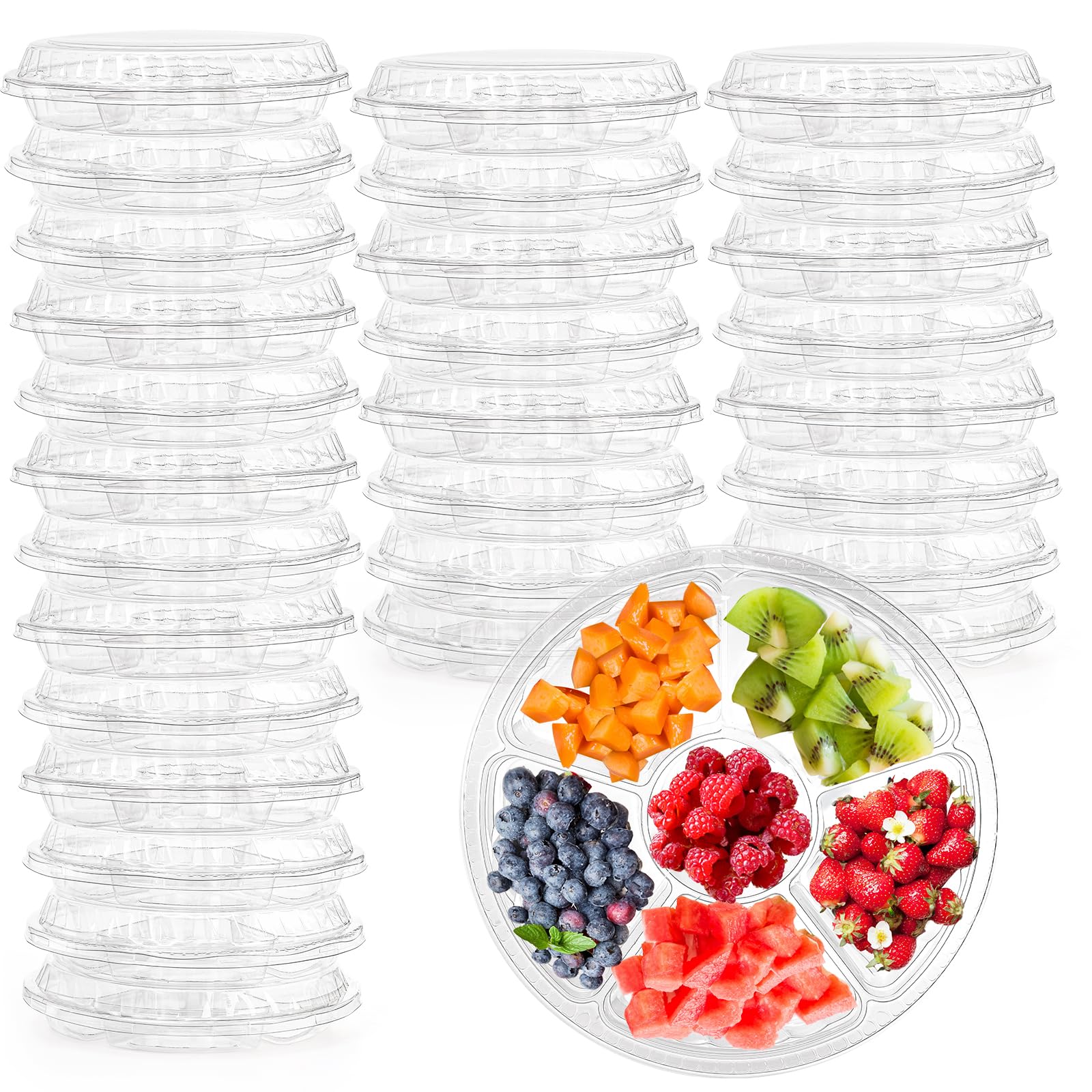 Photo 1 of Lawei 30 Pack Plastic Appetizer Tray with Clear Lid, Stackable Round Serving Party Tray, 12 in Banquet Catering Fruit Vegetable Trays, Reusable 6 Divided Food Snack Dip Platter for Outdoor Buffet