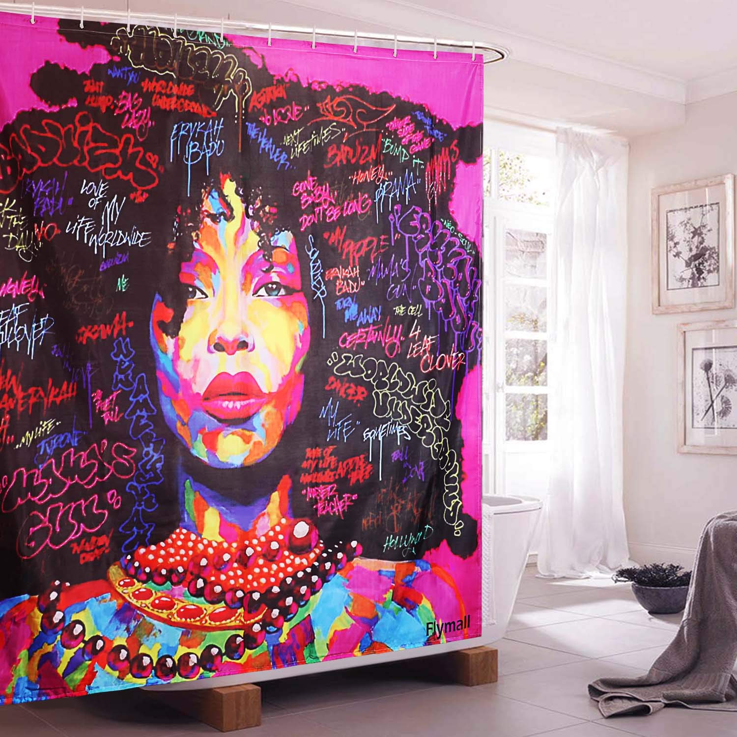 Flymall Shower Curtain Set,Waterproof Washable Polyester Fabric African Women Painting Shower Curtain Including 12-Pack Shower Hooks for Home Bathroom Decor(71 x 71)