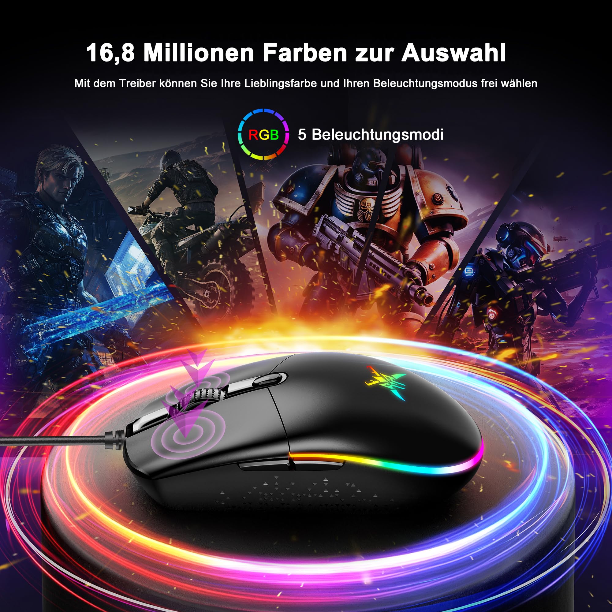 TECKNET RGB Gaming Maus Kabelgebundene, 10000 DPI, 6 programmierbaren Tasten, 10 Millionen Klicks Lebensdauer, Ergonomische USB Gaming Maus mit Kabel für PC Kohlenstoff-Schwarz 2