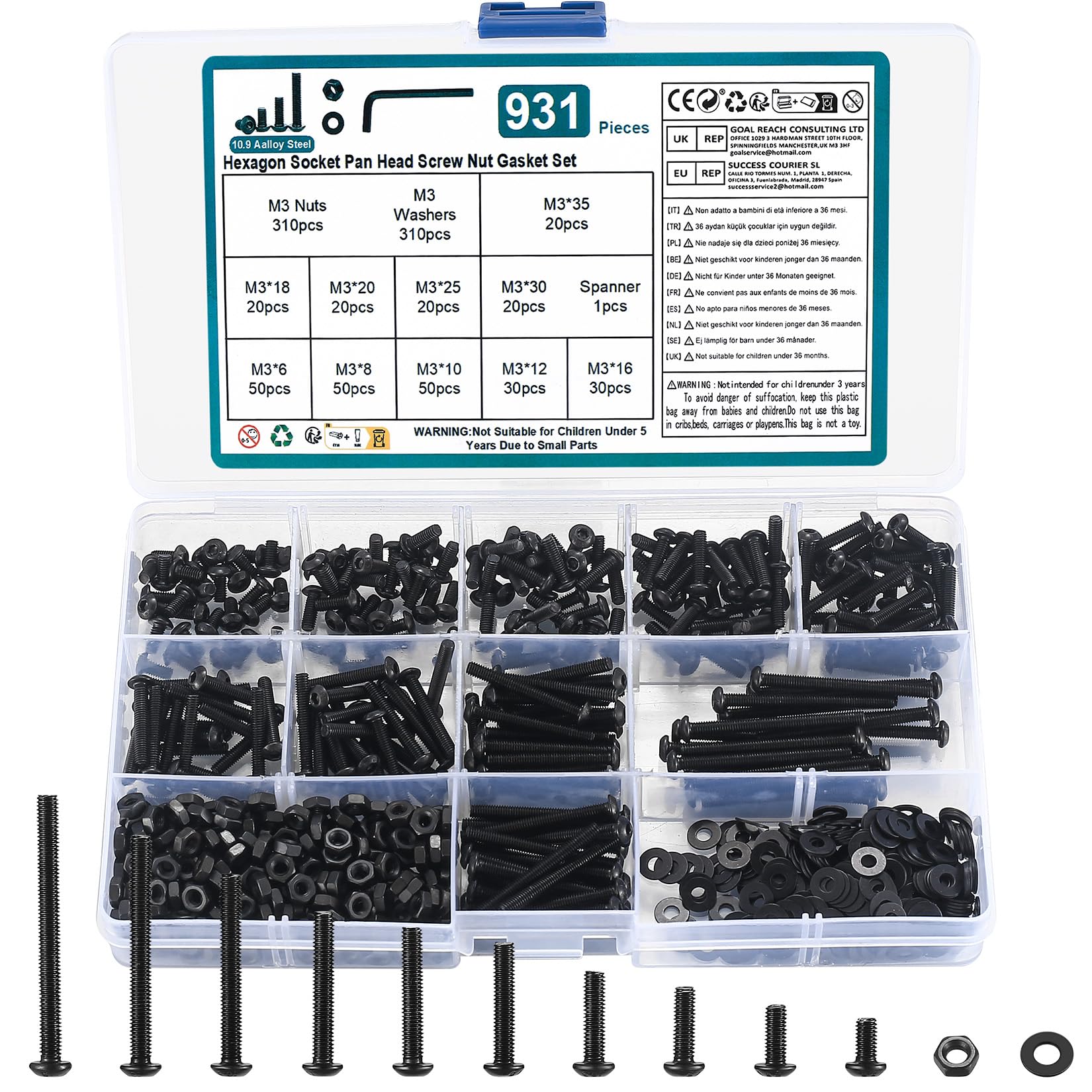 M3 Nuts and Bolts Set, 931 Pcs Black Hex Socket Button Head Cap Screws Bolts Nuts Set with Washers — image 1