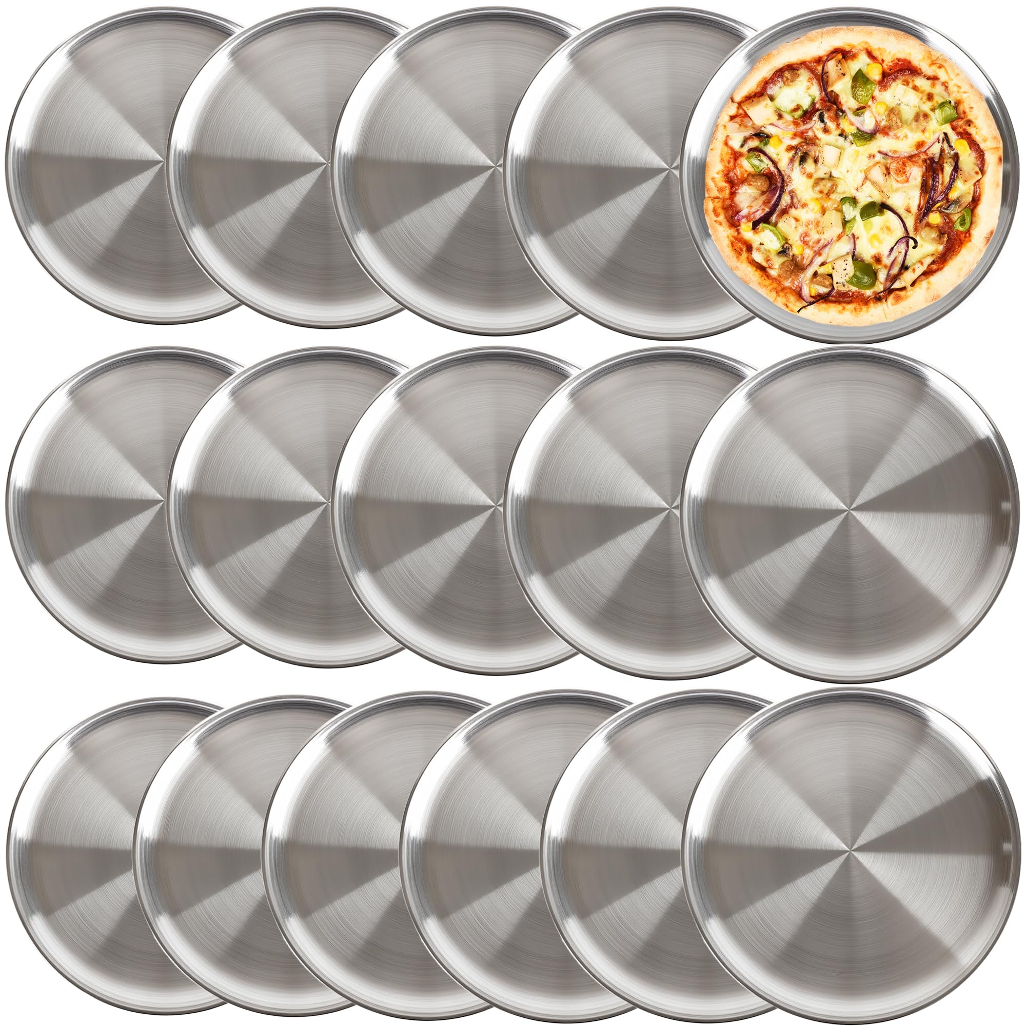 Photo 1 of 16 Pieces Stainless Steel Pizza Pans 12 Inch Pizza Pans Bulk Reusable Round Bakeware Oven Pizza Trays for Baking Roasting Restaurant Home Kitchen Healthy Rust Free Dishwasher Easy Clean