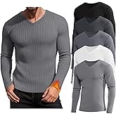 August Alley 5 Pack Men's Ribbed Thermal Shirts Cotton Long Sleeve V Neck Tops Slim Fit Pullover Undershirt Winter Base Layer