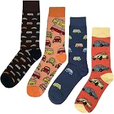 SockFly VW Ride Dress Socks 4 Pack Funny Novelty Crazy Fun Design Men Size 8-12 Cotton Casual Crew Colorful Funky Fancy Socks Gift for Men