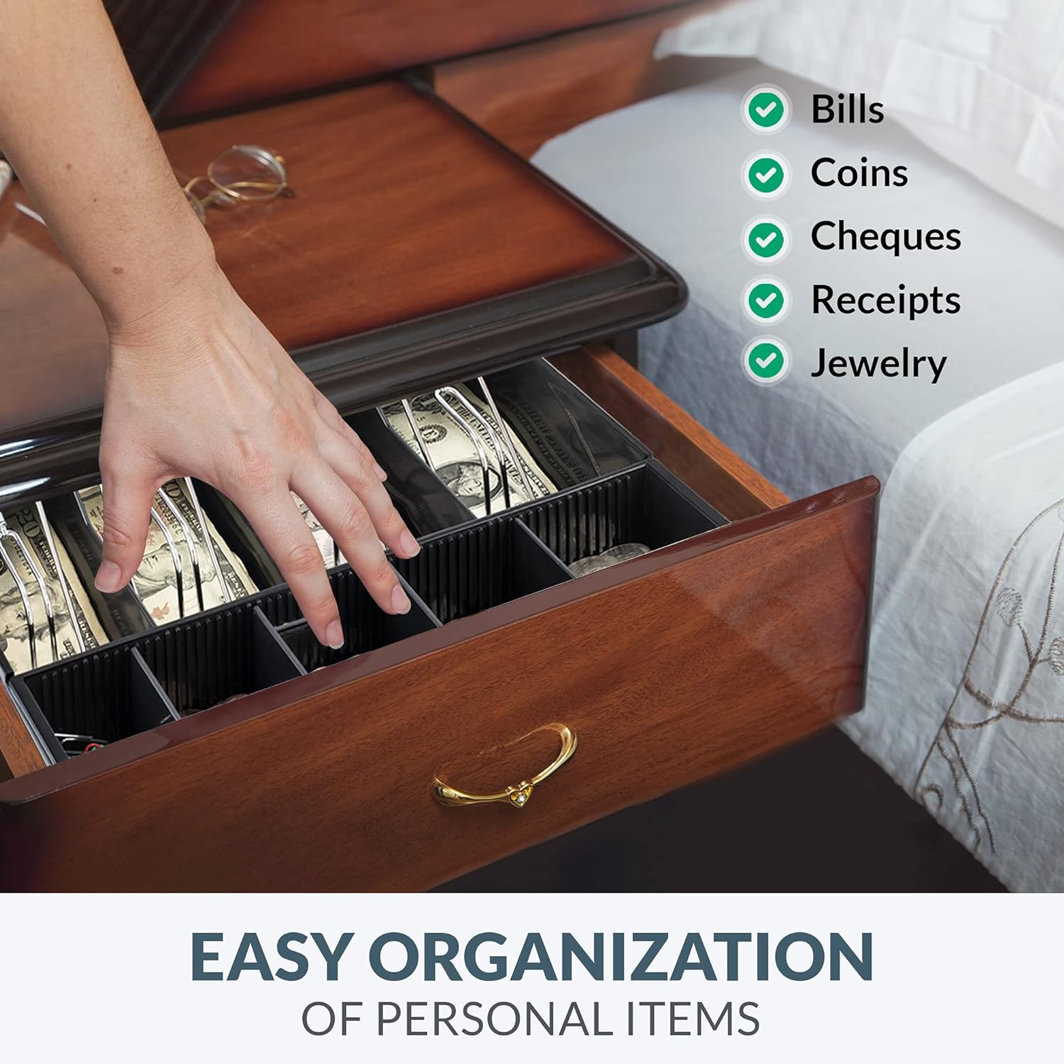 Cash Drawer Tray - 11.7 x 10.3 x 2.3 Inch Cash Register Insert - 4 Bill / 5 Coin Replacement Cash Tray for Volcora 13” Fully-Removable Drawers - Stainless Steel Currency Compartment Money Storage : Office Products