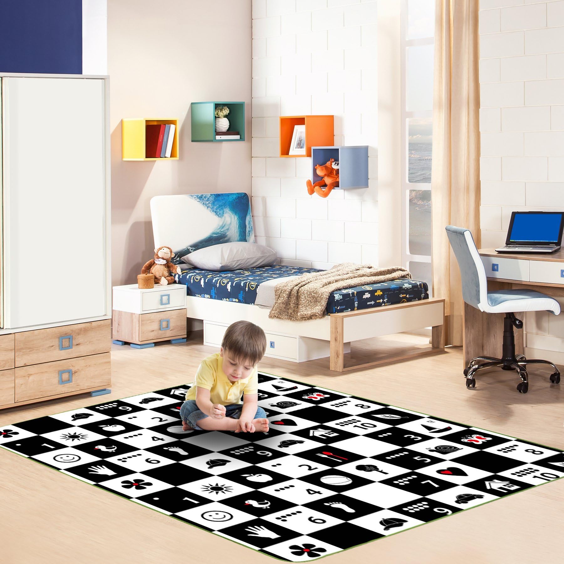 Foam Play Mat Soft Double-Sided 3in1: Contrasting Black and White Chessboard Numbers and Polish Alphabet 180x150x1 cm