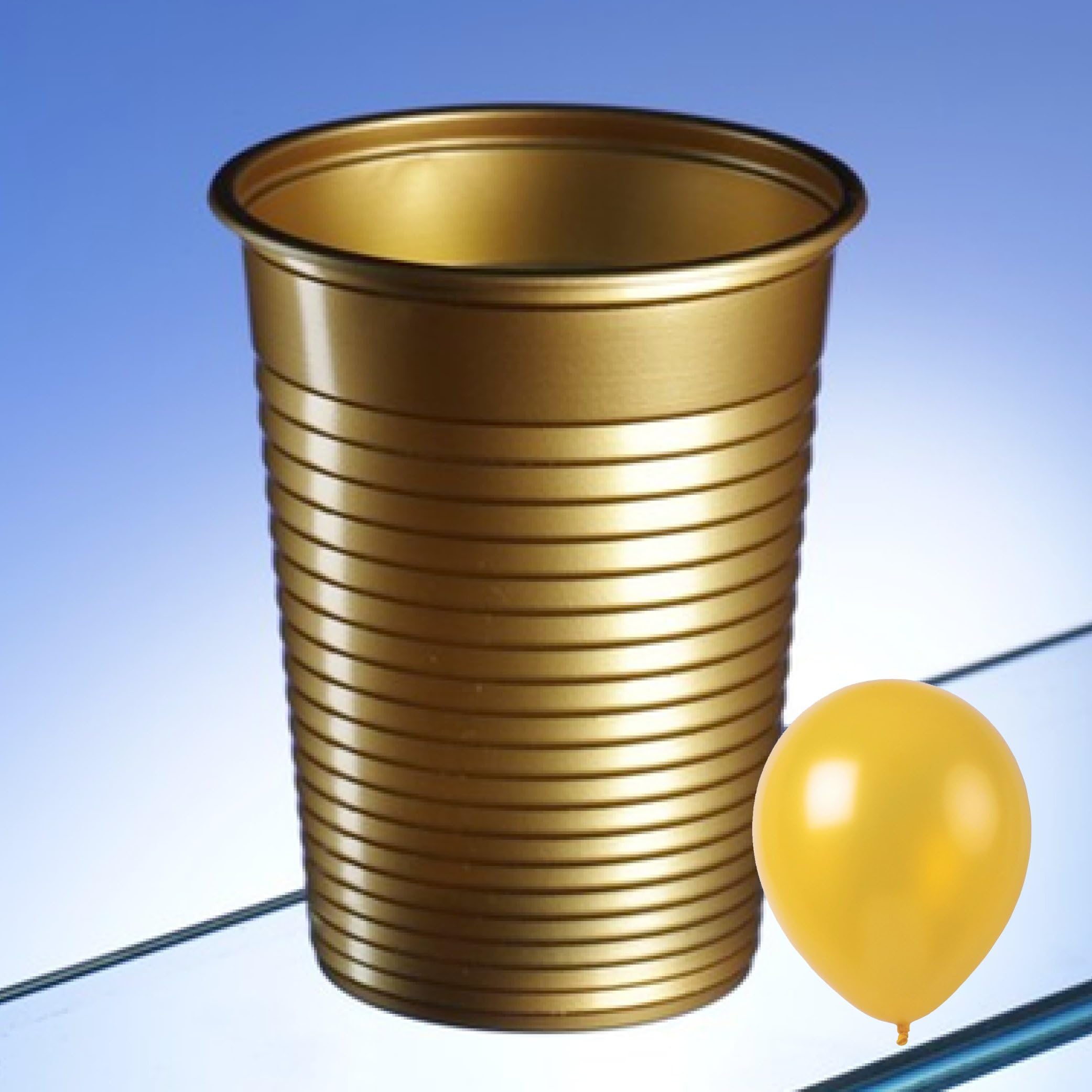 Avenue's Disposable Sleeve of 50 Gold Party Cups. Capacity 200ml. Ideal for kids and adult parties with a gold theme or a golden anniversary. Includes an AIOS gold party balloon.