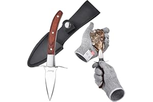 Alezywels Oyster Knife with Cut-Resistant Gloves Set, Stainless Steel Oyster Shucker Set with Wooden Non-Slip Handle and Leat