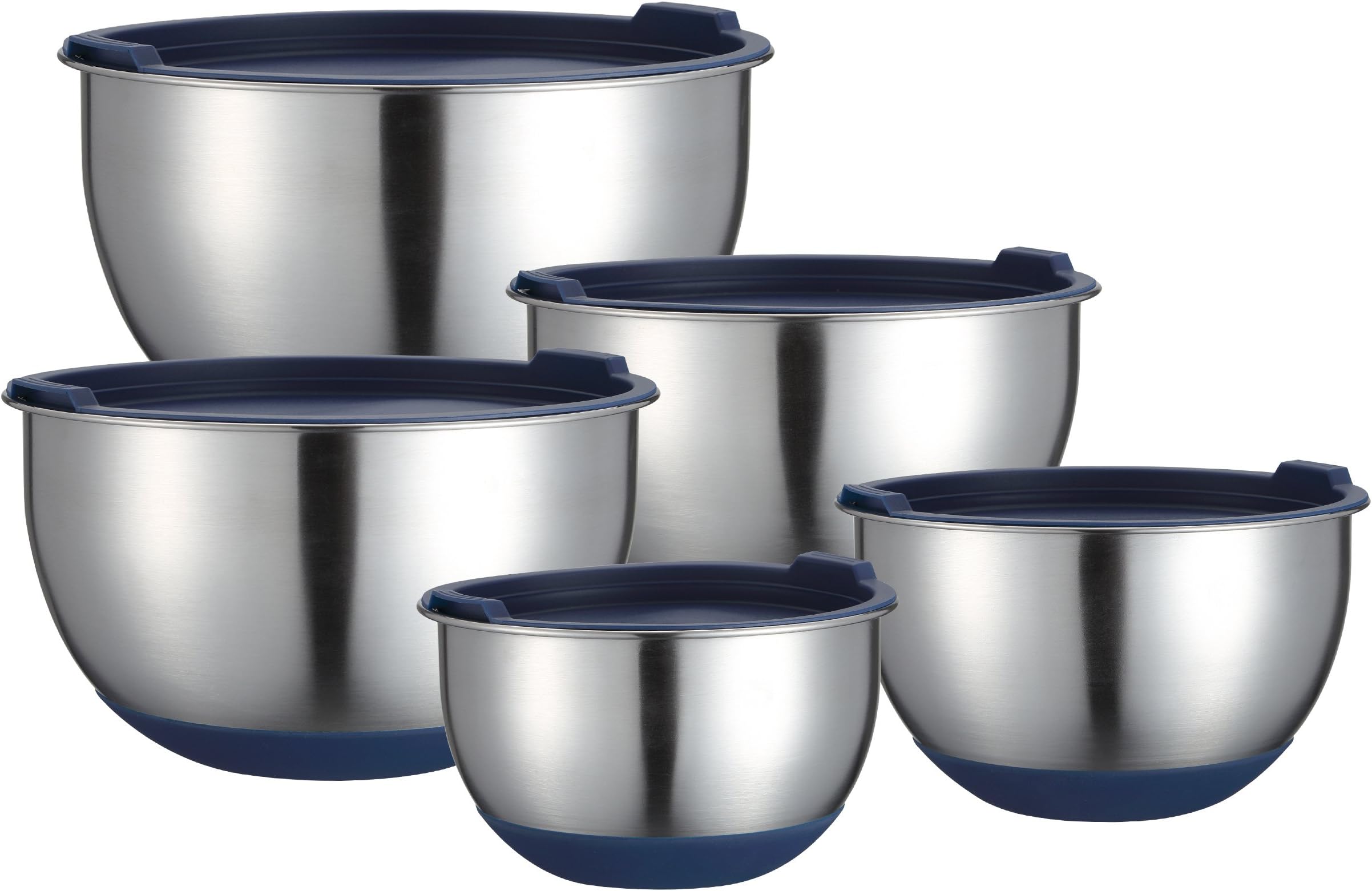 Lyndan - Set of 5 Stainless Steel Mixing Bowls with Anti Slip Bases and Lids & Internal Markings - 1L, 2L, 2.5L, 3L & 4.5 L