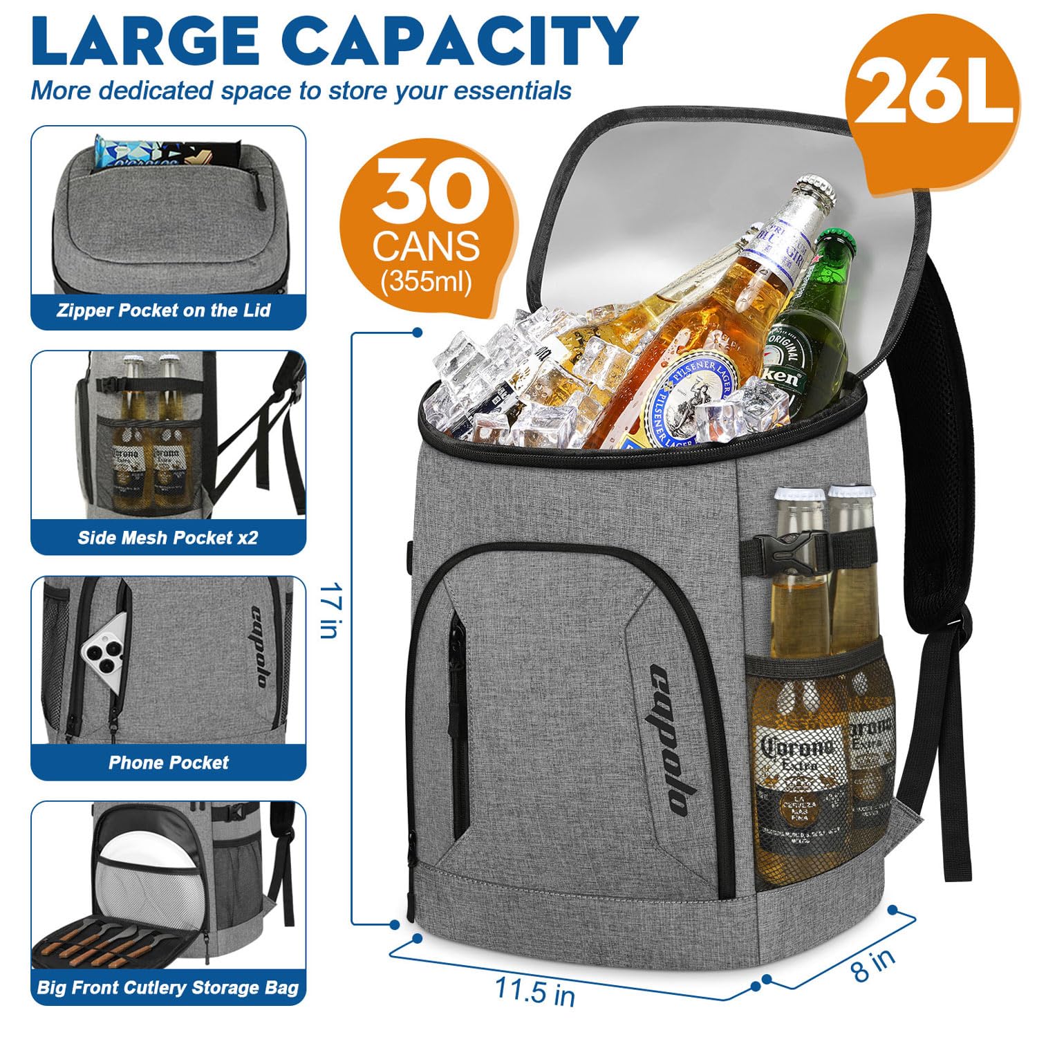 Capolo Cooler Backpack 30/45 Cans, Insulated Thermal Bag Beverage Soft Cooler Lunch Camping Travel Picnic Hiking for Men Women