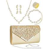 Henoyso 5 Pcs Purse Rhinestone Jewelry Set for Women Prom Jewelry Rhinestone Clutch Purse Bride Necklace Earrings Bracelets