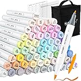 SFAIH Alcohol Markers Brush Tip - 61 Pastel Brush & Fine Dual Tip Art Markers for Artist Illustration, Adult Coloring Books, Gifts for Artist Adult, Colorless Blender, Enjoy Blending, Carrying Case